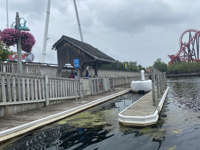 Swan
      boats dock at the life-jacket station.