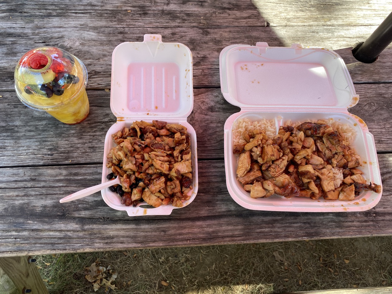 Chicken meals, large and small, plus a fruit cup.
