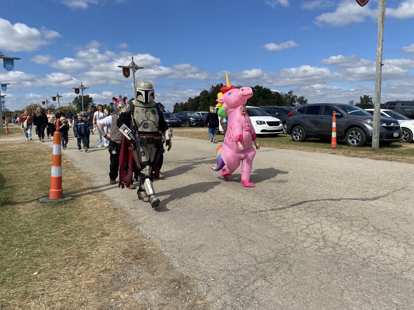 Boba Fett and a pink dinosaur come into the festival
        together.