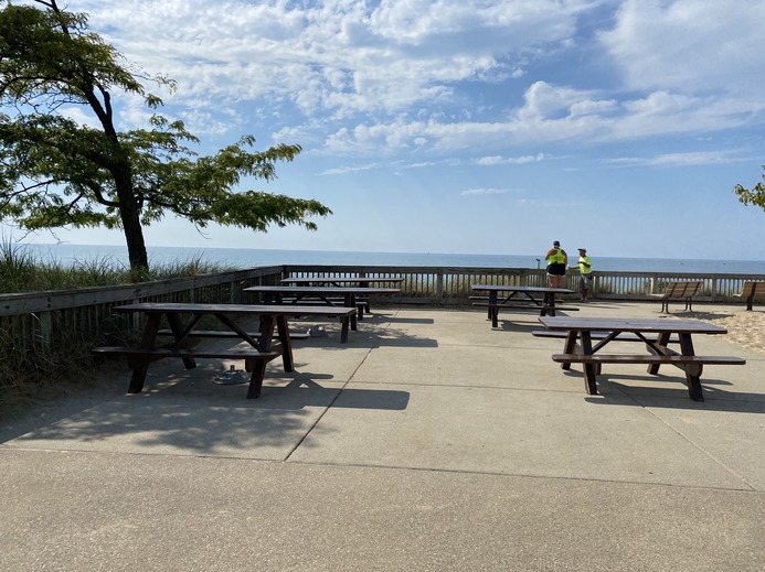 Even the washroom pavilion has a great view of Lake
      Michigan.